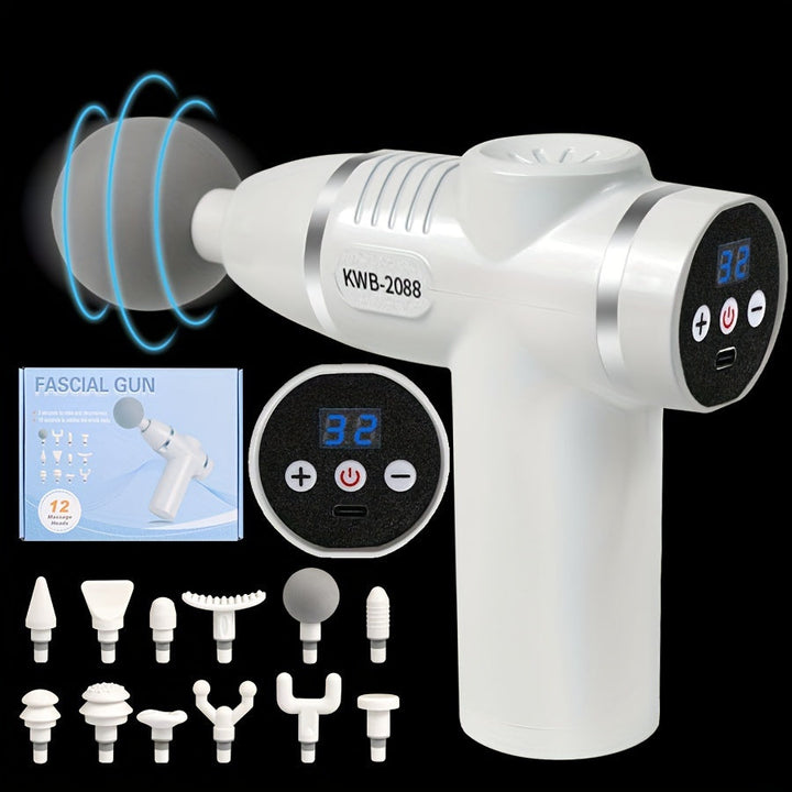 Portable Handheld 8-Speed Massage Gun with 12 Replaceable Heads(White)-1