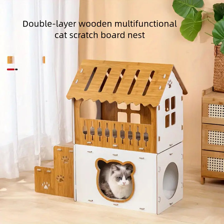 Villa-Style Cat Scratcher Cardboard House - Plaid Pattern-2