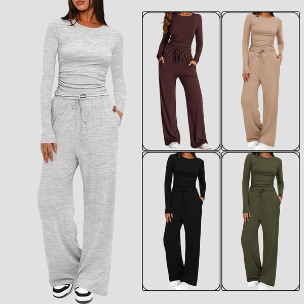 2 Pieces Women's Suit Autumn Winte Long Sleeve Tops High Waisted Wide Leg Pants Sportswear Female Clothes Solid Color Casual Suit My Store