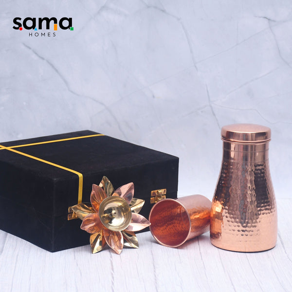 Exclusive Combo of Copper Bedroom Jar with Glass and Pooja Lotus Diya with Royal Gifting Box-0