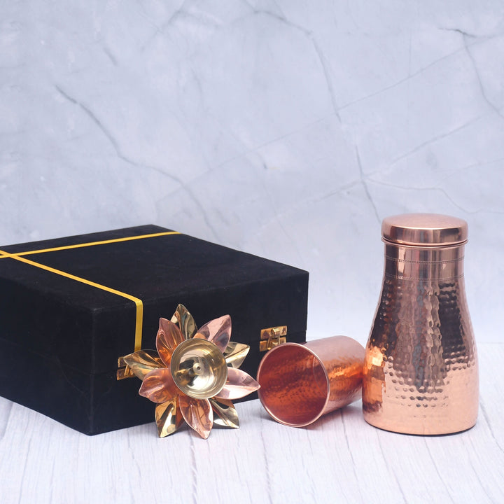 Exclusive Combo of Copper Bedroom Jar with Glass and Pooja Lotus Diya with Royal Gifting Box-2