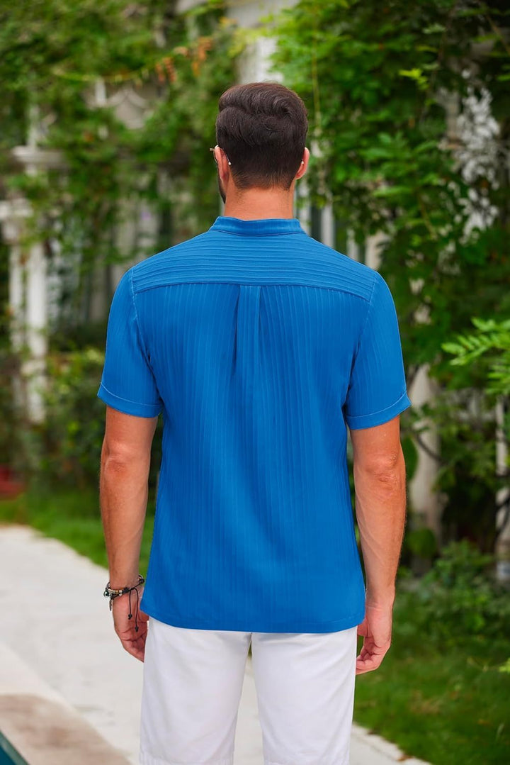 Summer Stand Collar Buttons Short Sleeve T-shirt Solid Color Stripe POLO Shirt Fashion Casual Beach Clothing For Men My Store