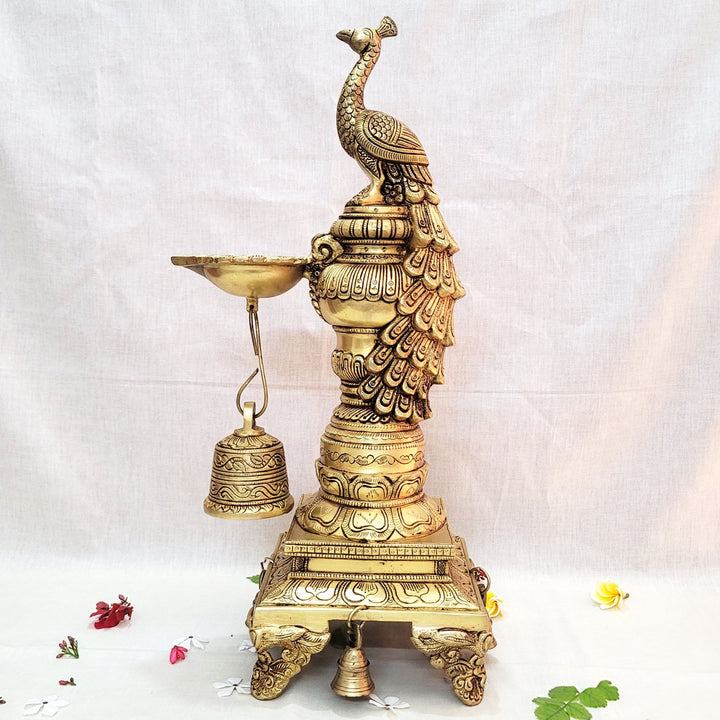 Traditional Brass Peacock Diya 19" for Pooja | Decorative Brass Peacock Diya Temple-0
