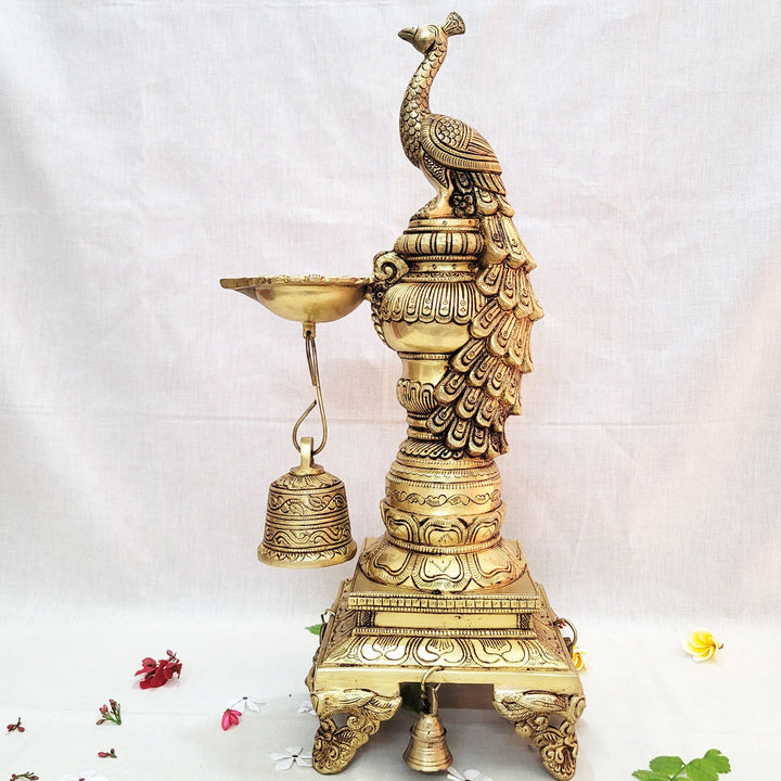 Traditional Brass Peacock Diya 19" for Pooja | Decorative Brass Peacock Diya Temple-1