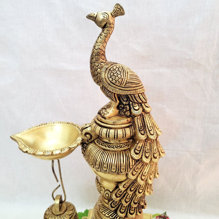 Traditional Brass Peacock Diya 19" for Pooja | Decorative Brass Peacock Diya Temple-2