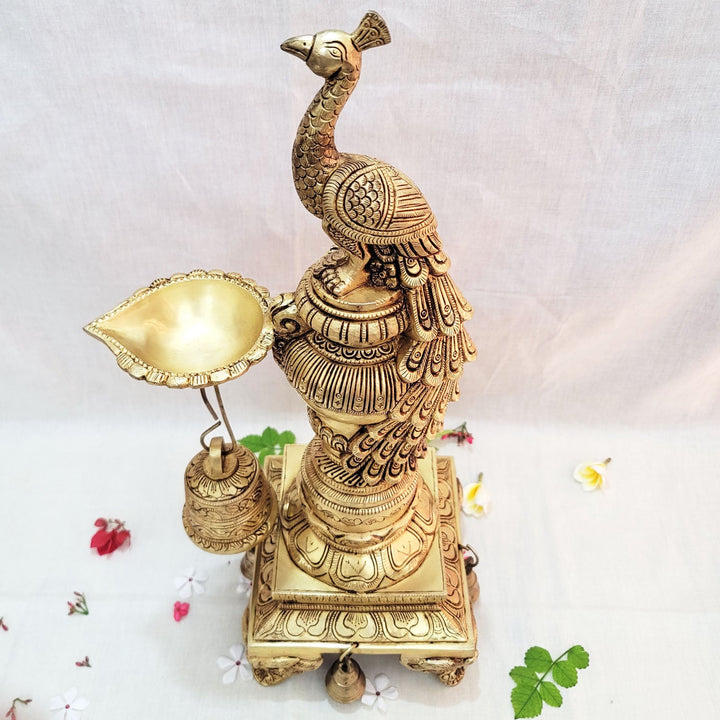 Traditional Brass Peacock Diya 19" for Pooja | Decorative Brass Peacock Diya Temple-4