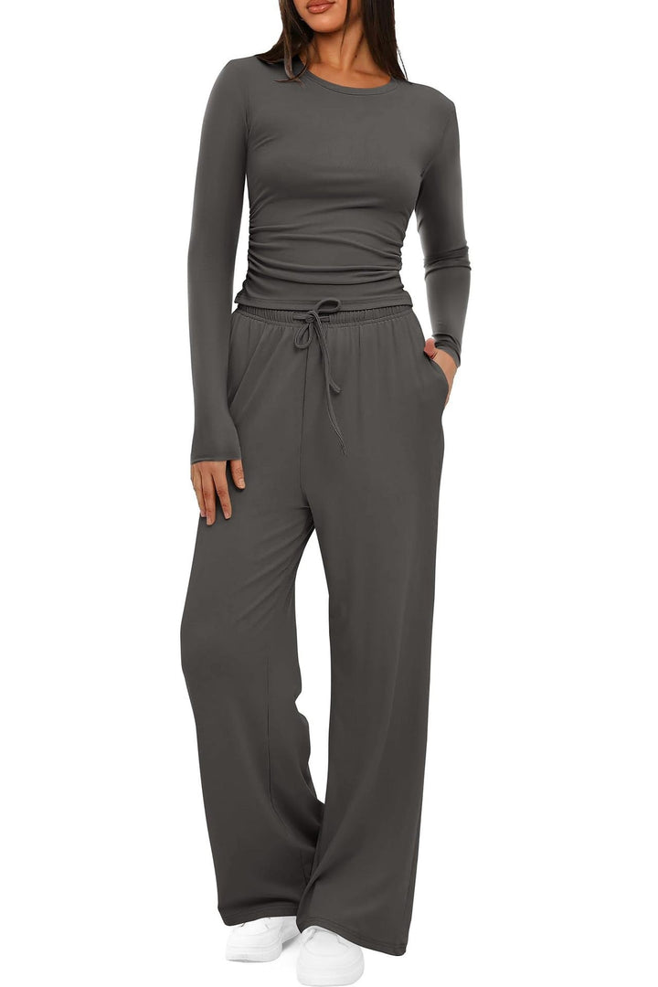 2 Pieces Women's Suit Autumn Winte Long Sleeve Tops High Waisted Wide Leg Pants Sportswear Female Clothes Solid Color Casual Suit My Store