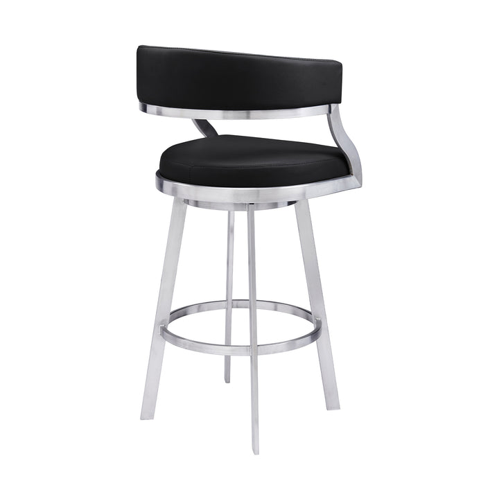 30" Black And Silver Faux Leather And Iron Swivel Low Back Bar Height Bar Chair-3