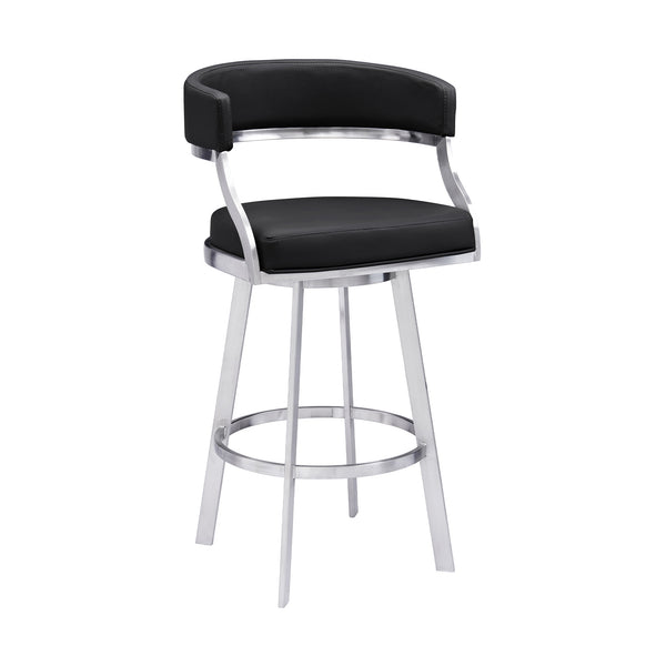 30" Black And Silver Faux Leather And Iron Swivel Low Back Bar Height Bar Chair-0