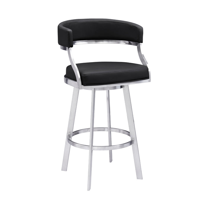 30" Black And Silver Faux Leather And Iron Swivel Low Back Bar Height Bar Chair-0