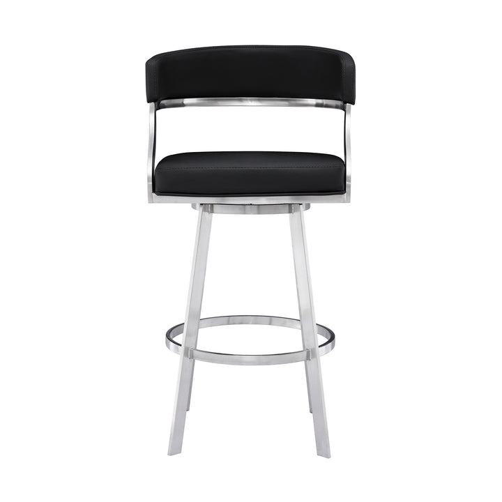 30" Black And Silver Faux Leather And Iron Swivel Low Back Bar Height Bar Chair-2