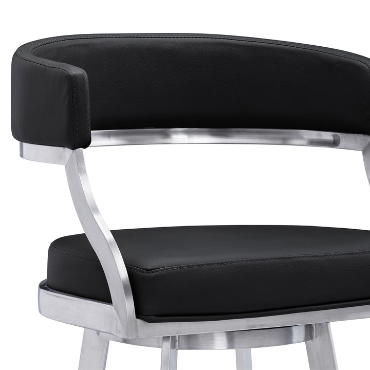 30" Black And Silver Faux Leather And Iron Swivel Low Back Bar Height Bar Chair-4