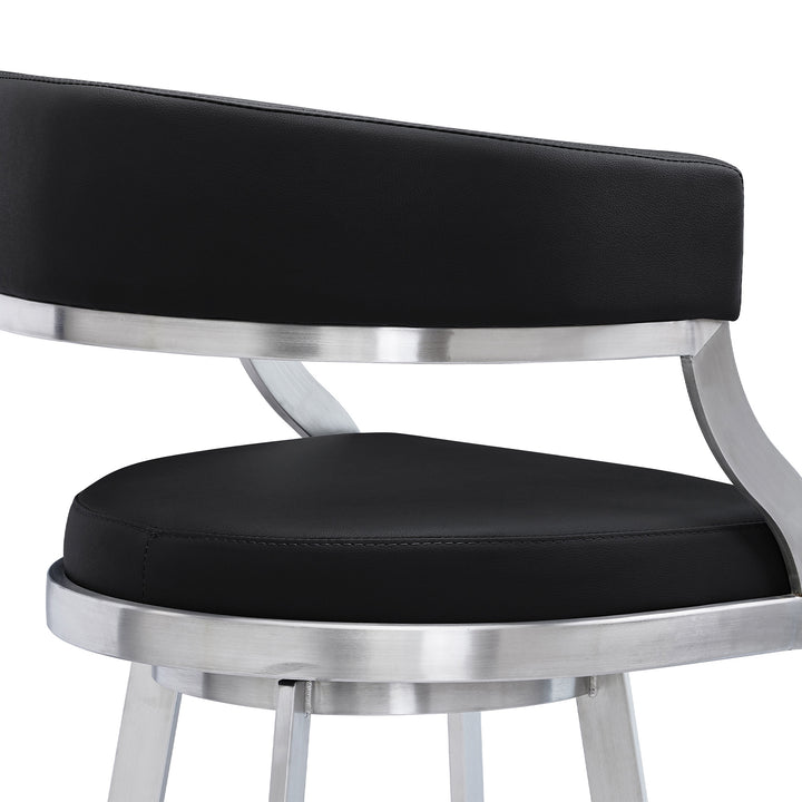 30" Black And Silver Faux Leather And Iron Swivel Low Back Bar Height Bar Chair-5