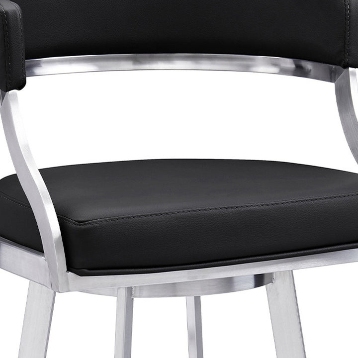 30" Black And Silver Faux Leather And Iron Swivel Low Back Bar Height Bar Chair-7