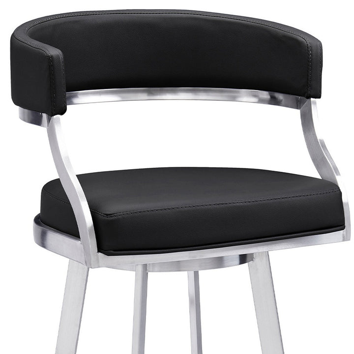 30" Black And Silver Faux Leather And Iron Swivel Low Back Bar Height Bar Chair-8