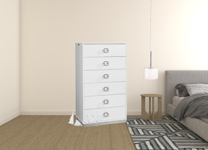 32" White Manufactured Wood + Solid Wood Stainless Steel Six Drawer Chest-1