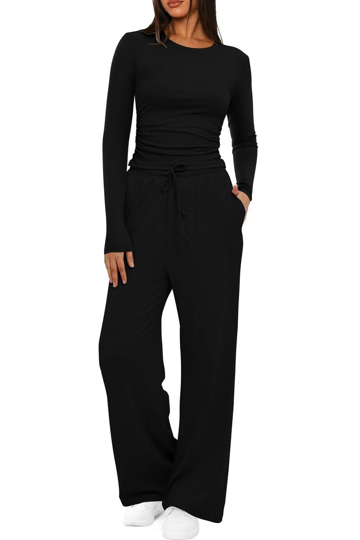 2 Pieces Women's Suit Autumn Winte Long Sleeve Tops High Waisted Wide Leg Pants Sportswear Female Clothes Solid Color Casual Suit My Store