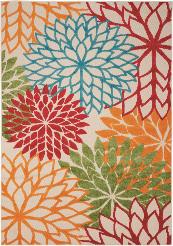 5' X 8' Ivory Green Blue Red And Orange Floral Indoor Outdoor Area Rug-0