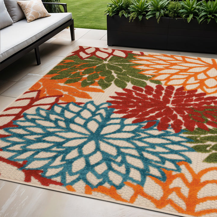 5' X 8' Ivory Green Blue Red And Orange Floral Indoor Outdoor Area Rug-1