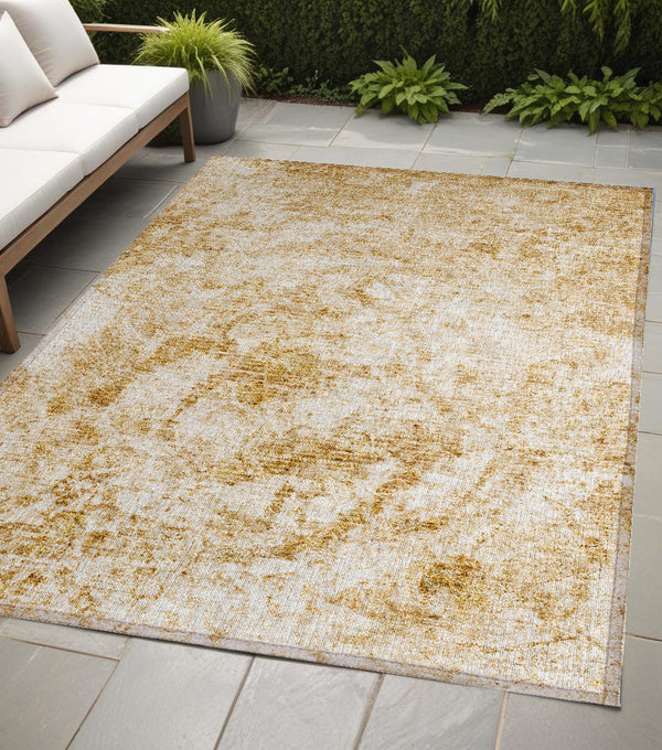 5' X 8' Cream and Gold Abstract Washable Non Skid Indoor Outdoor Area Rug-0