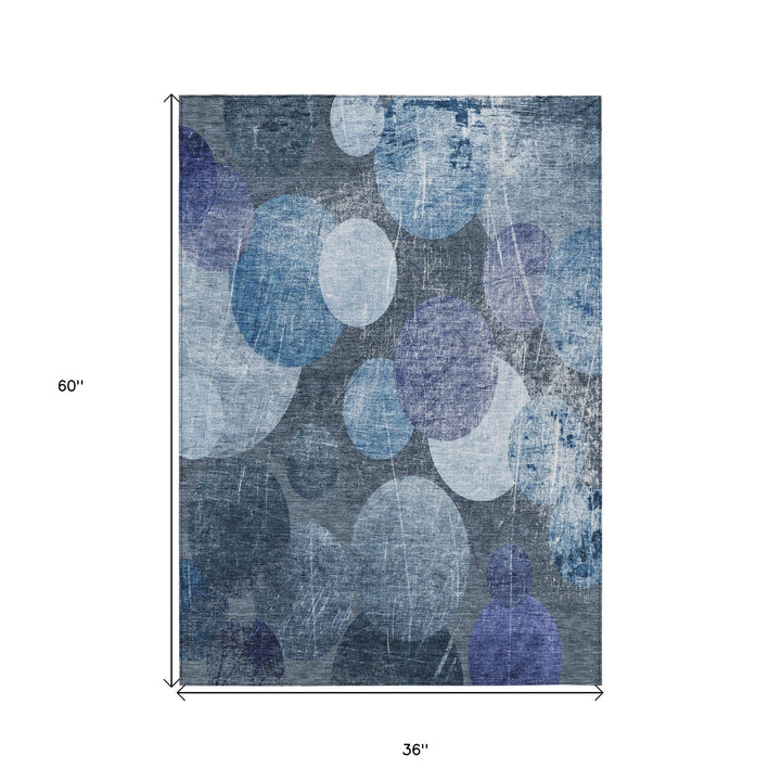 3' X 5' Gray and Blue Abstract Washable Non Skid Indoor Outdoor Area Rug-2
