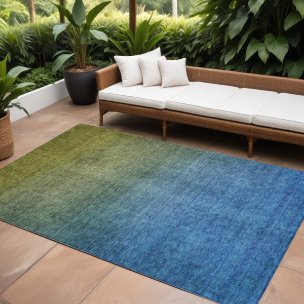 10' X 14' Olive Green Blue And Navy Blue Ombre Washable Indoor Outdoor Area Rug-0