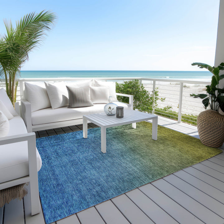 10' X 14' Olive Green Blue And Navy Blue Ombre Washable Indoor Outdoor Area Rug-6