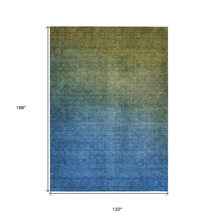 10' X 14' Olive Green Blue And Navy Blue Ombre Washable Indoor Outdoor Area Rug-2