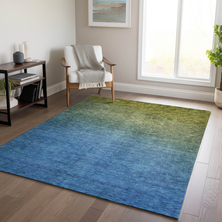 10' X 14' Olive Green Blue And Navy Blue Ombre Washable Indoor Outdoor Area Rug-7