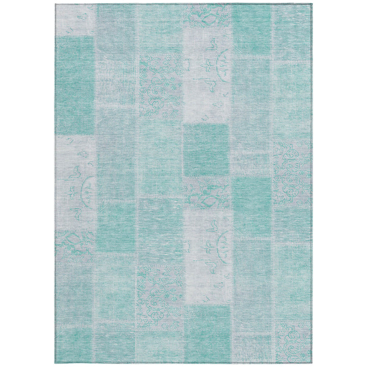 8' X 10' Aqua Teal Blue And Silver Patchwork Washable Indoor Outdoor Area Rug-5
