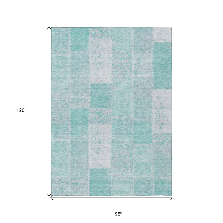 8' X 10' Aqua Teal Blue And Silver Patchwork Washable Indoor Outdoor Area Rug-2