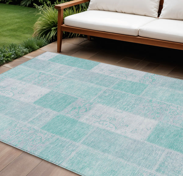 8' X 10' Aqua Teal Blue And Silver Patchwork Washable Indoor Outdoor Area Rug-0