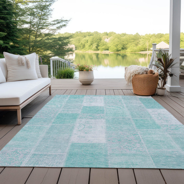8' X 10' Aqua Teal Blue And Silver Patchwork Washable Indoor Outdoor Area Rug-6