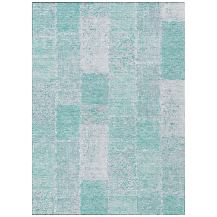8' X 10' Aqua Teal Blue And Silver Patchwork Washable Indoor Outdoor Area Rug-1