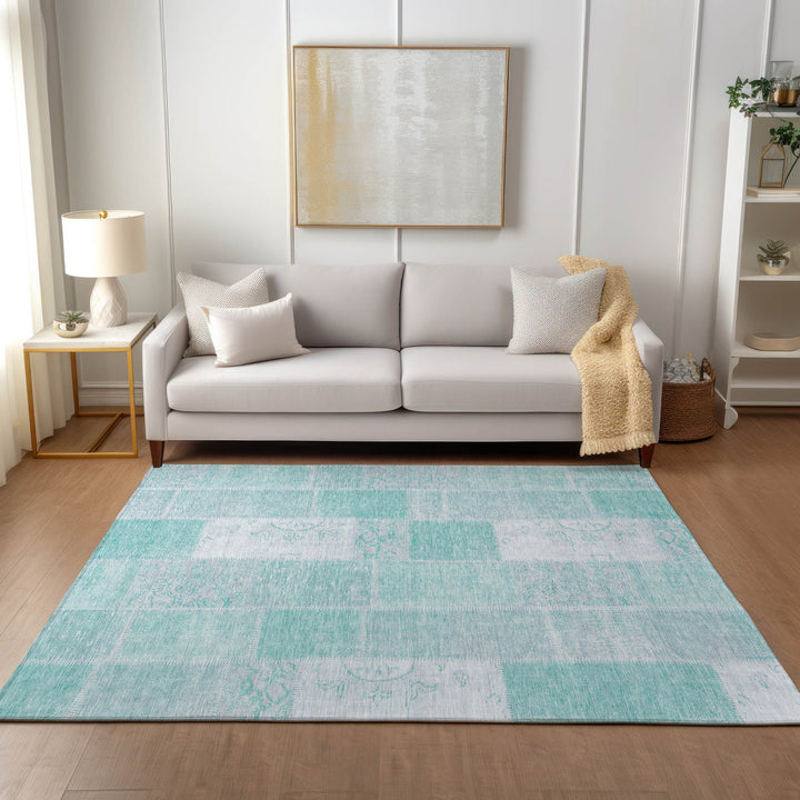 8' X 10' Aqua Teal Blue And Silver Patchwork Washable Indoor Outdoor Area Rug-7