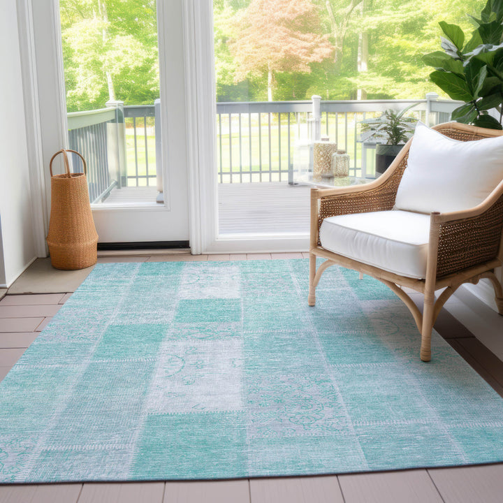 8' X 10' Aqua Teal Blue And Silver Patchwork Washable Indoor Outdoor Area Rug-8