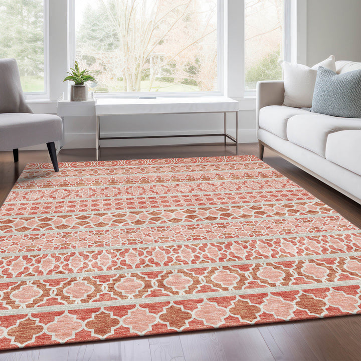 9' X 12' Salmon Beige And Copper Quatrefoil Washable Indoor Outdoor Area Rug-7