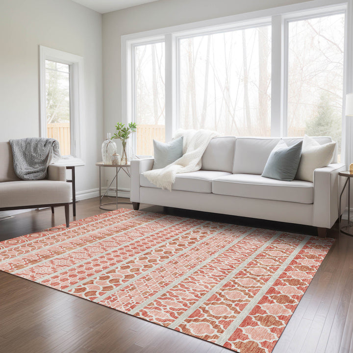9' X 12' Salmon Beige And Copper Quatrefoil Washable Indoor Outdoor Area Rug-8