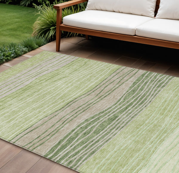 9' X 12' Artichoke Green And Taupe Striped Washable Indoor Outdoor Area Rug-0