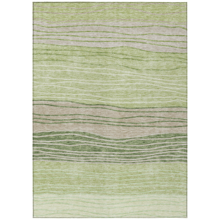 9' X 12' Artichoke Green And Taupe Striped Washable Indoor Outdoor Area Rug-1