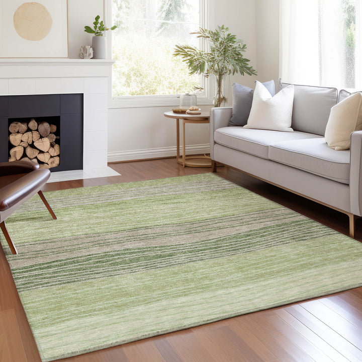 9' X 12' Artichoke Green And Taupe Striped Washable Indoor Outdoor Area Rug-7