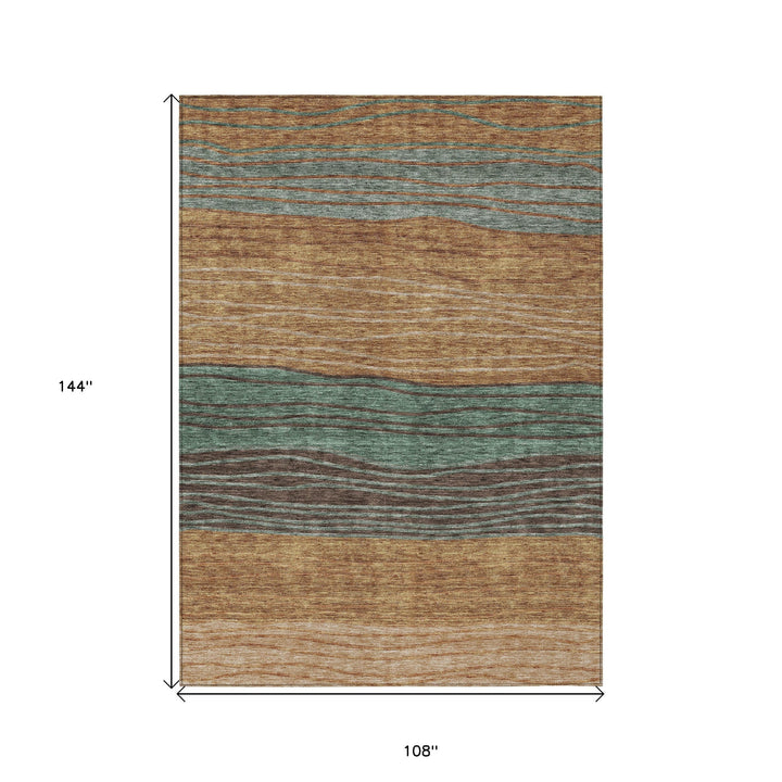 9' X 12' Terra Cotta Copper And Beige Striped Washable Indoor Outdoor Area Rug-2