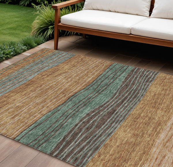 9' X 12' Terra Cotta Copper And Beige Striped Washable Indoor Outdoor Area Rug-0