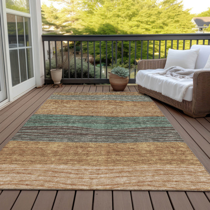 9' X 12' Terra Cotta Copper And Beige Striped Washable Indoor Outdoor Area Rug-5