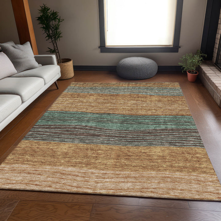 9' X 12' Terra Cotta Copper And Beige Striped Washable Indoor Outdoor Area Rug-6