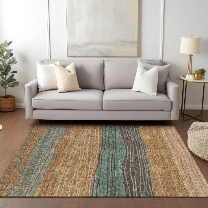 9' X 12' Terra Cotta Copper And Beige Striped Washable Indoor Outdoor Area Rug-7