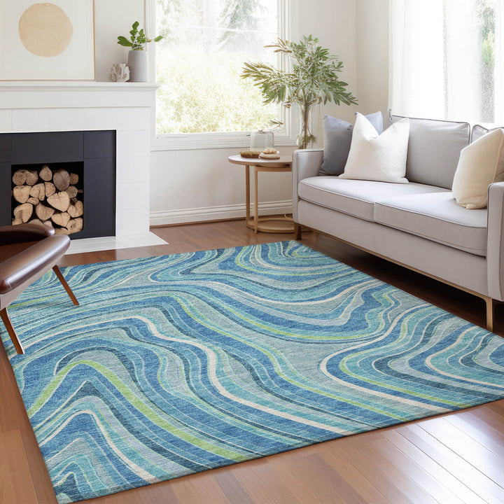 8' X 10' Navy Blue And Denim Blue Abstract Washable Indoor Outdoor Area Rug-7