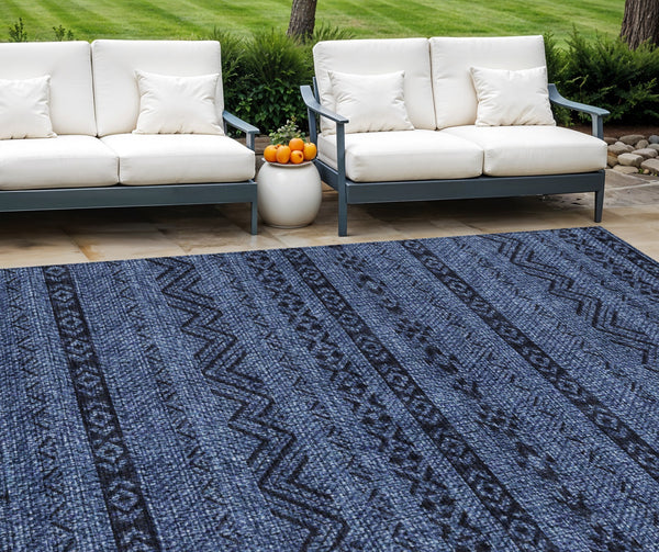 8' X 10' Navy Blue And Black Southwestern Washable Indoor Outdoor Area Rug-0