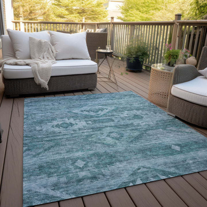 10' X 14' Teal Blue And Aqua Southwestern Washable Indoor Outdoor Area Rug-5