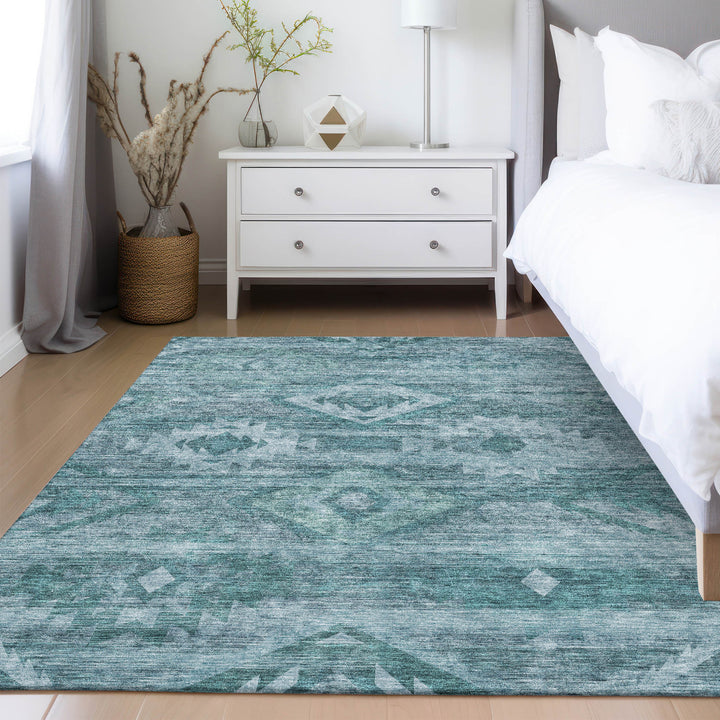 10' X 14' Teal Blue And Aqua Southwestern Washable Indoor Outdoor Area Rug-6